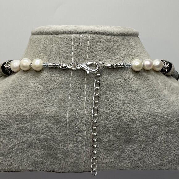 Stunning Agate Picasso Jasper Freshwater Pearl Beaded Necklace Silver Plated - Picture 6 of 7
